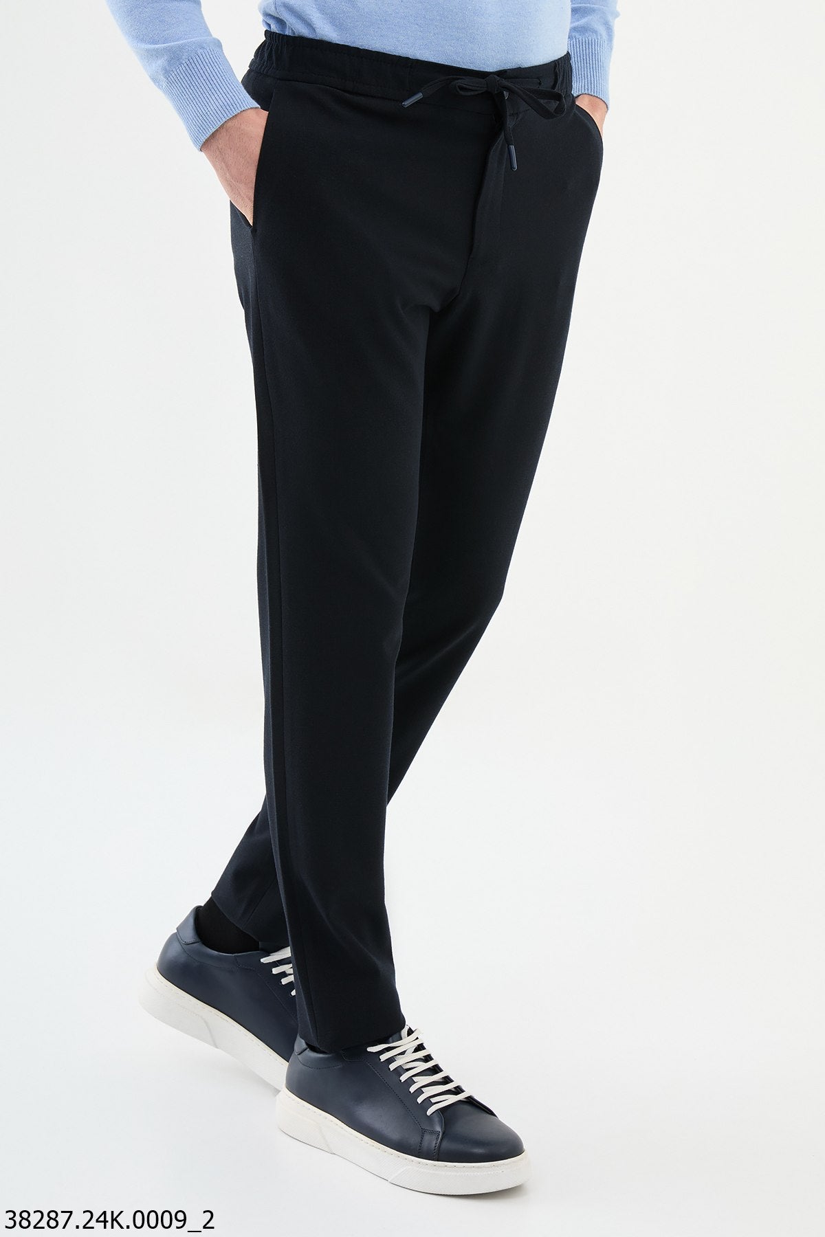 Men's Dark Blue Slim-Fit Drawstring Trousers.