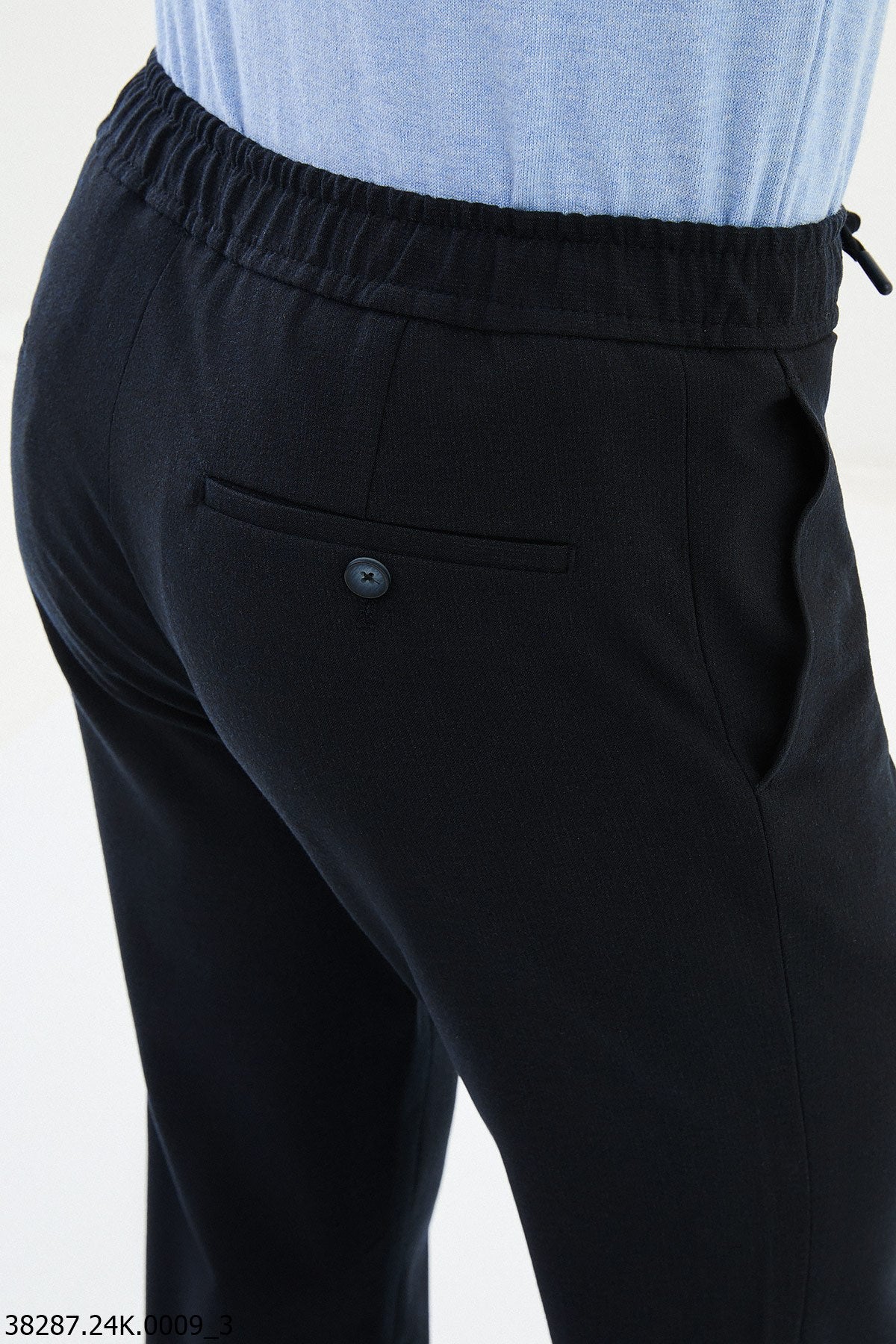 Men's Dark Blue Slim-Fit Drawstring Trousers.