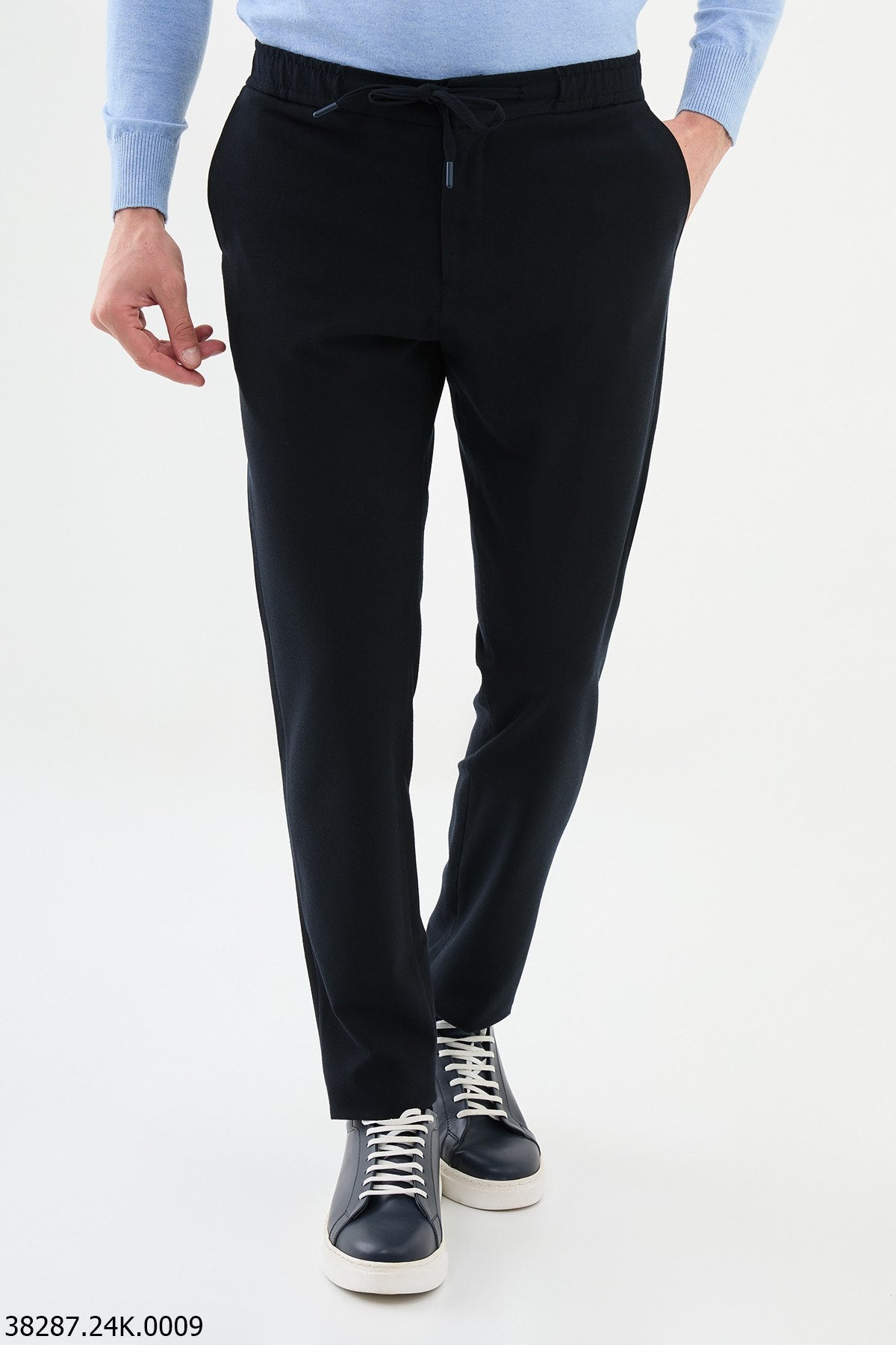 Men's Dark Blue Slim-Fit Drawstring Trousers.