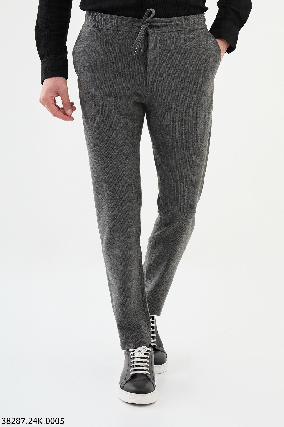 Men's Dark Gray Slim-Fit Elastic Drawstring Pants.