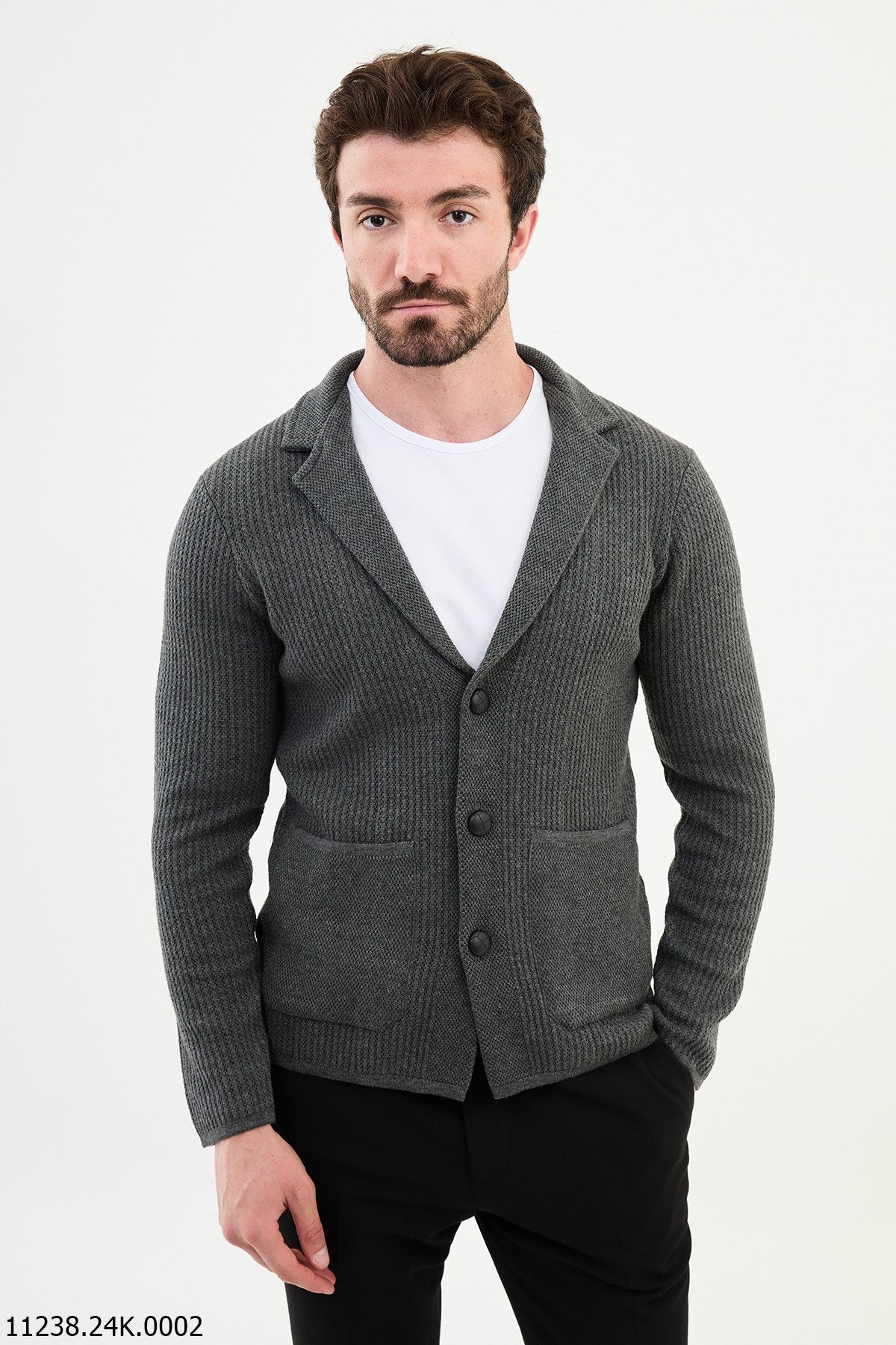 Cardigan da uomo in maglia testurizzata stile blazer grigio.