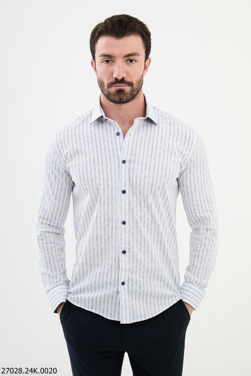 Men's Gray and White Striped Casual Shirt.