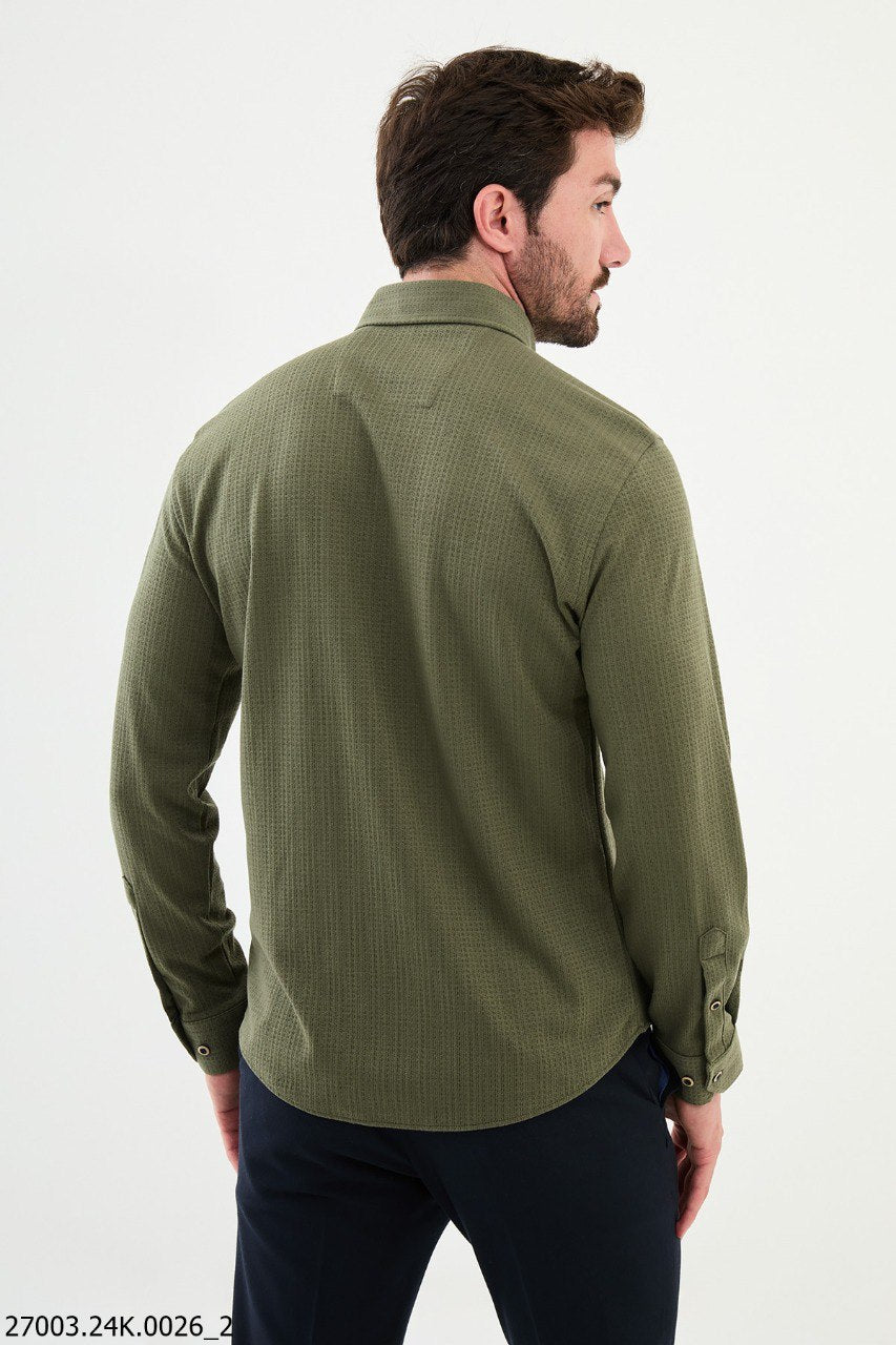 Men's Khaki Button-Down Shirt.