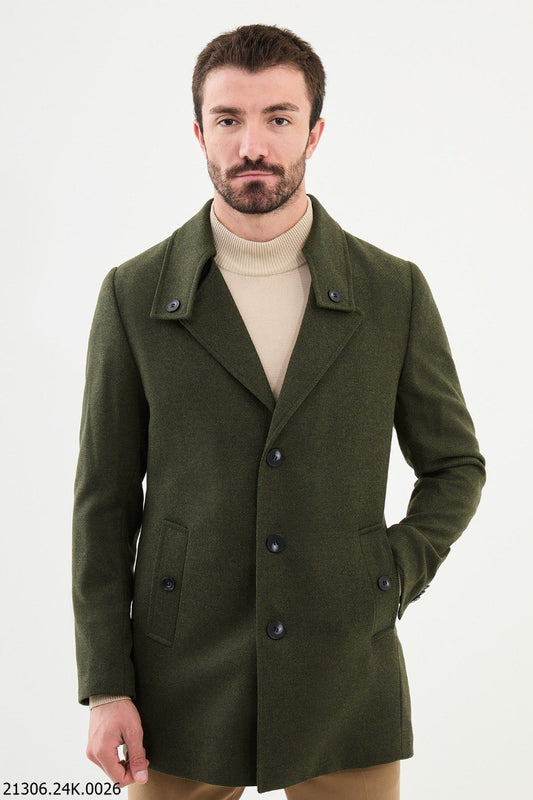 Men's Khaki Green Asymmetrical Button Winter Coat