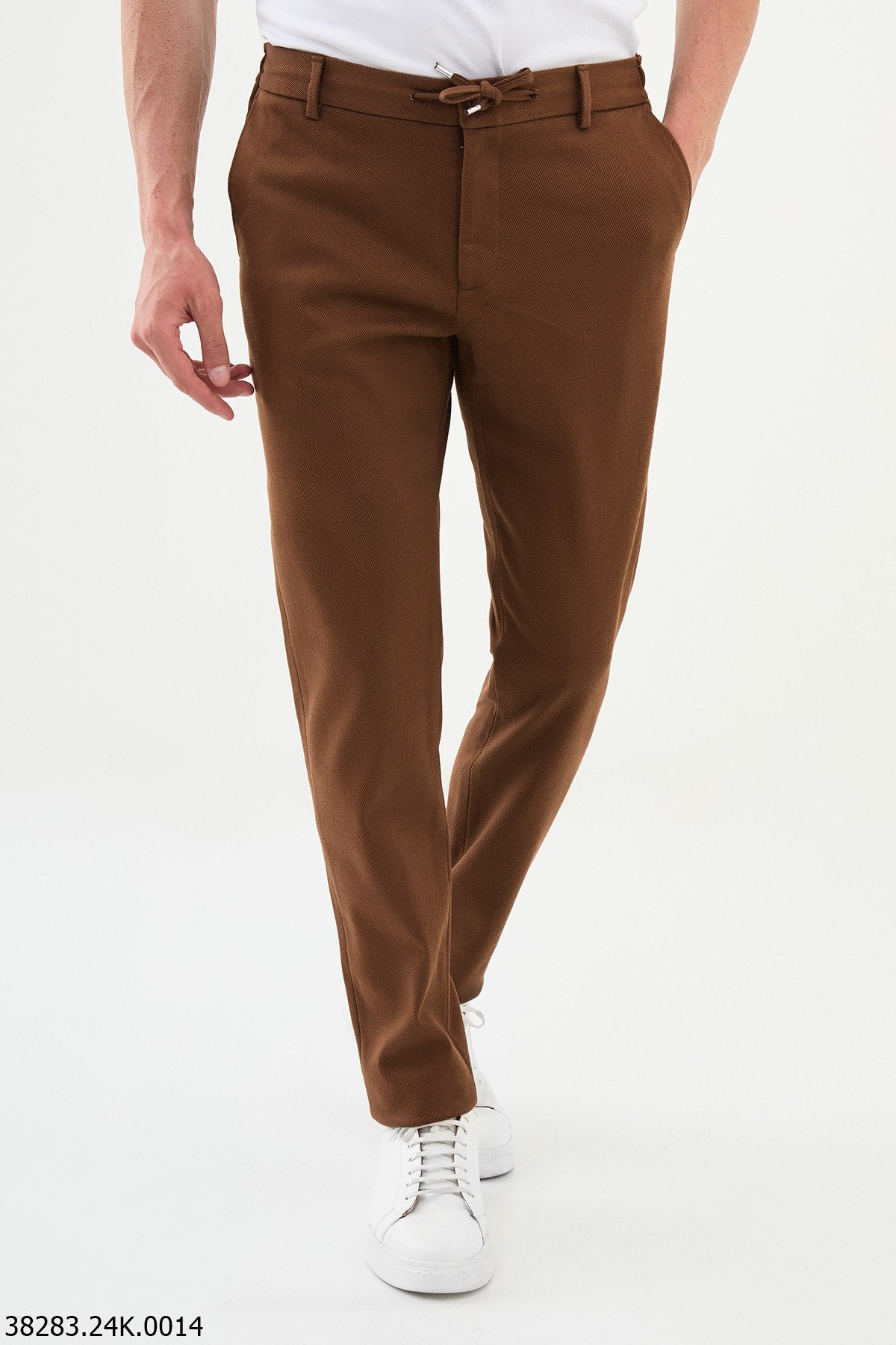 Men's Slim-Fit Tile Brown Trousers with Adjustable Waistband.