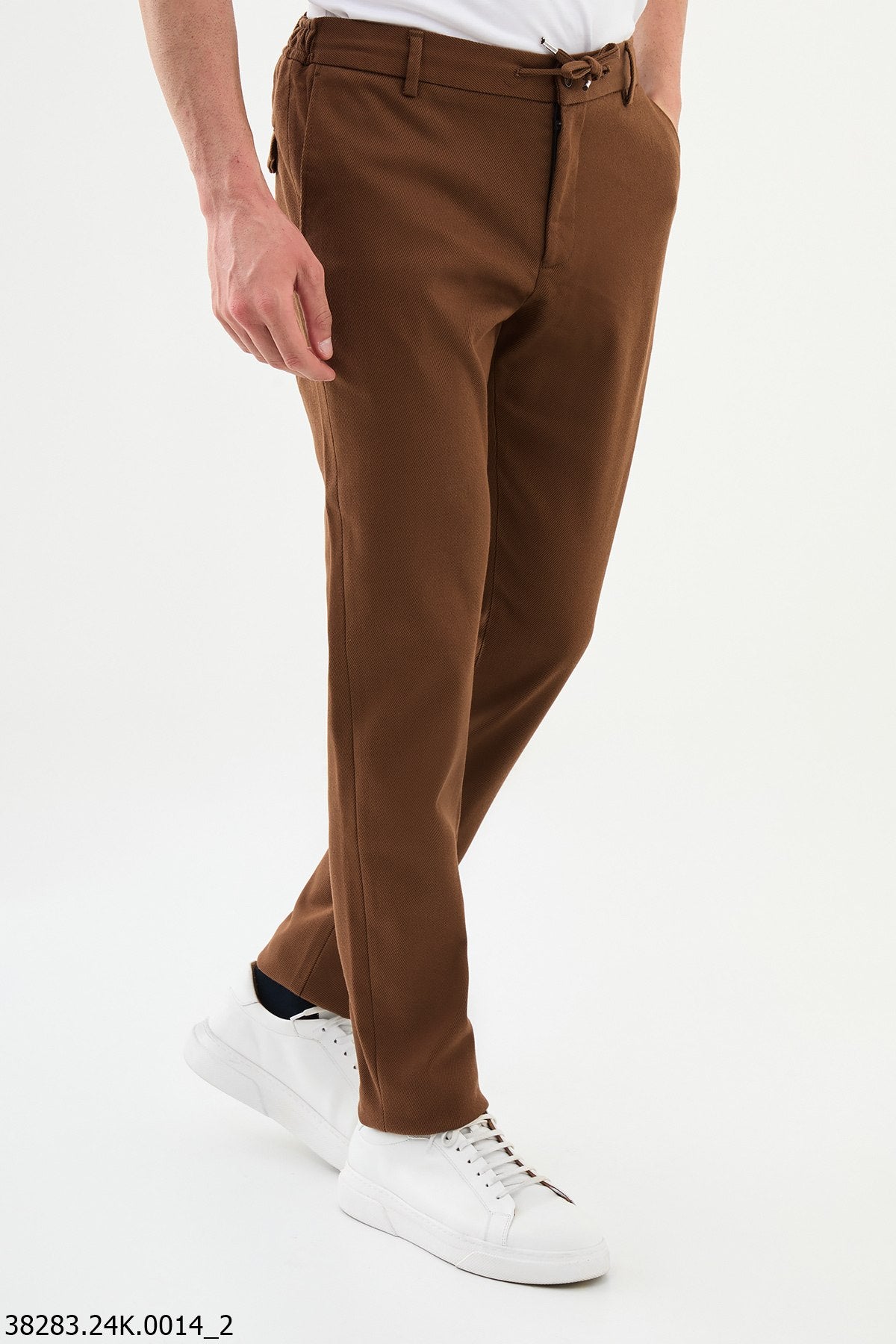 Men's Slim-Fit Tile Brown Trousers with Adjustable Waistband.