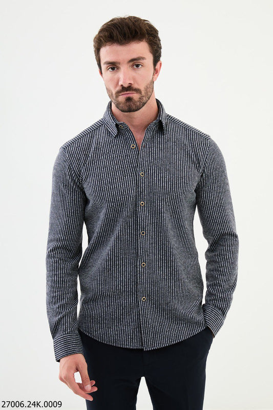 Navy Blue-Gray Striped Men's Casual Shirt.