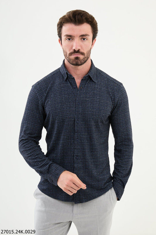 Navy Blue Patterned Long Sleeve Shirt.