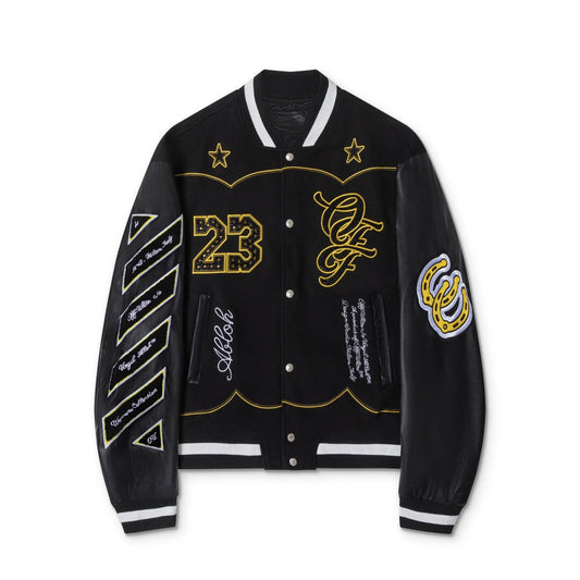 Off-White™-inspired Bling Horseshoe Women Black Varsity Jacket