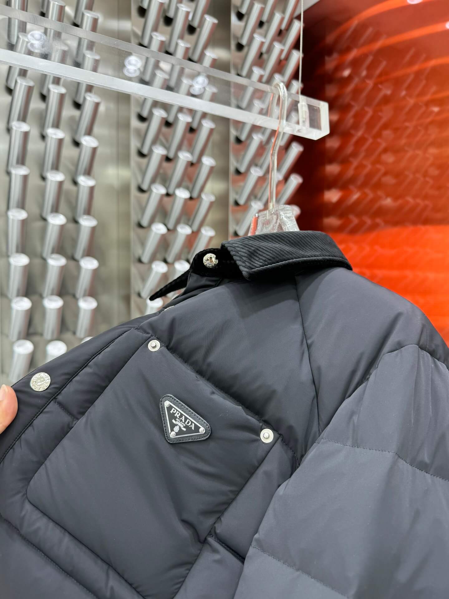 Prada Corduroy Collar Black Down Jacket