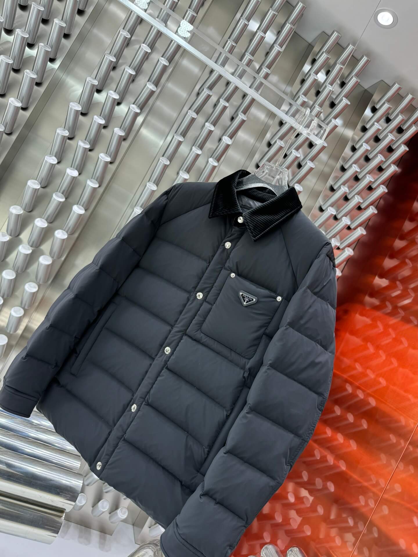 Prada Corduroy Collar Black Down Jacket