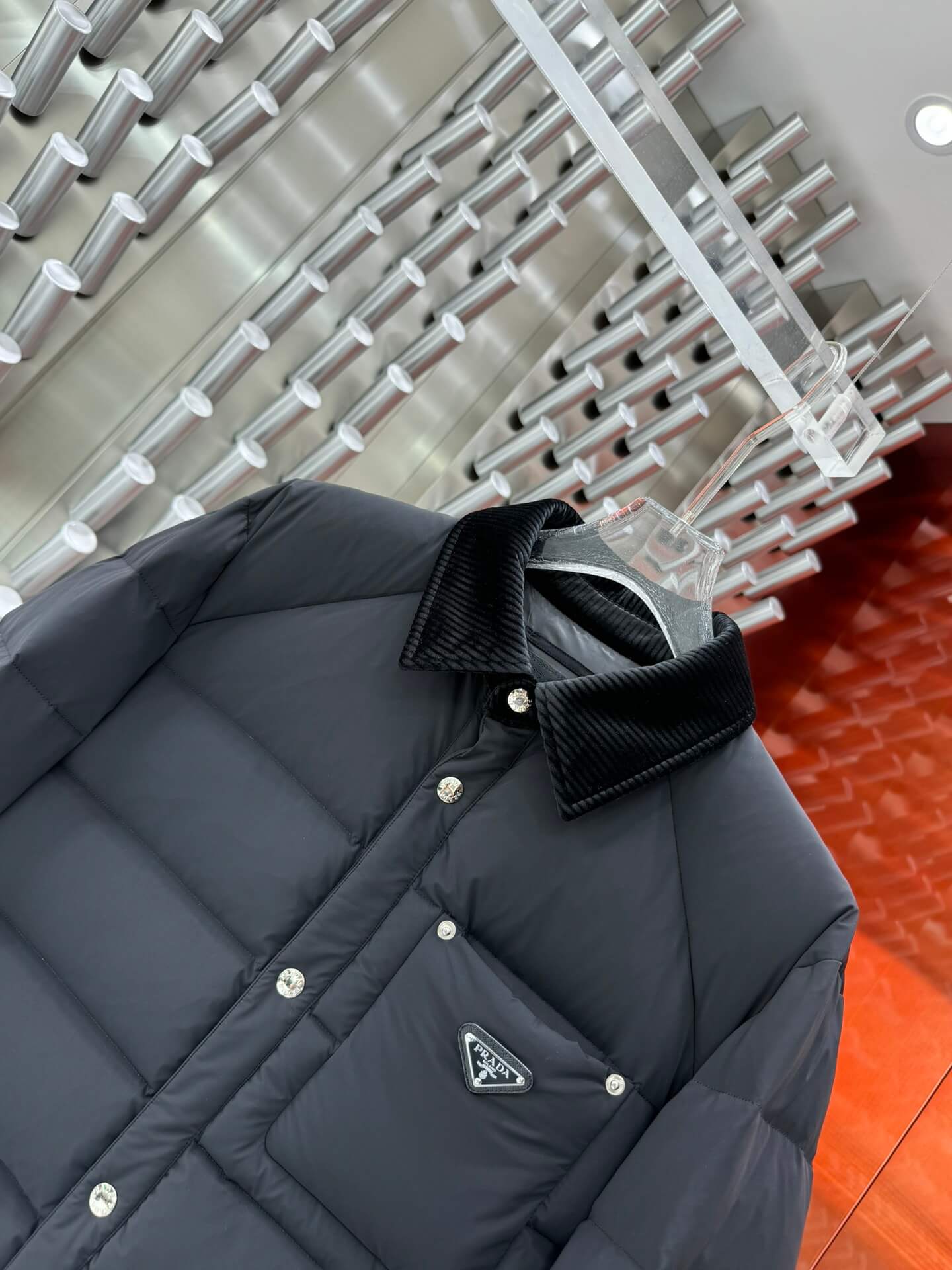 Prada Corduroy Collar Black Down Jacket