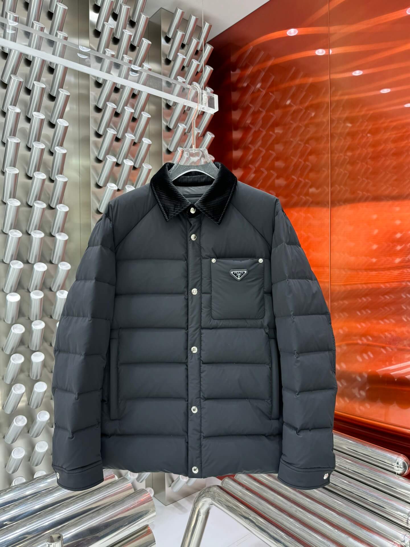 Prada Corduroy Collar Black Down Jacket