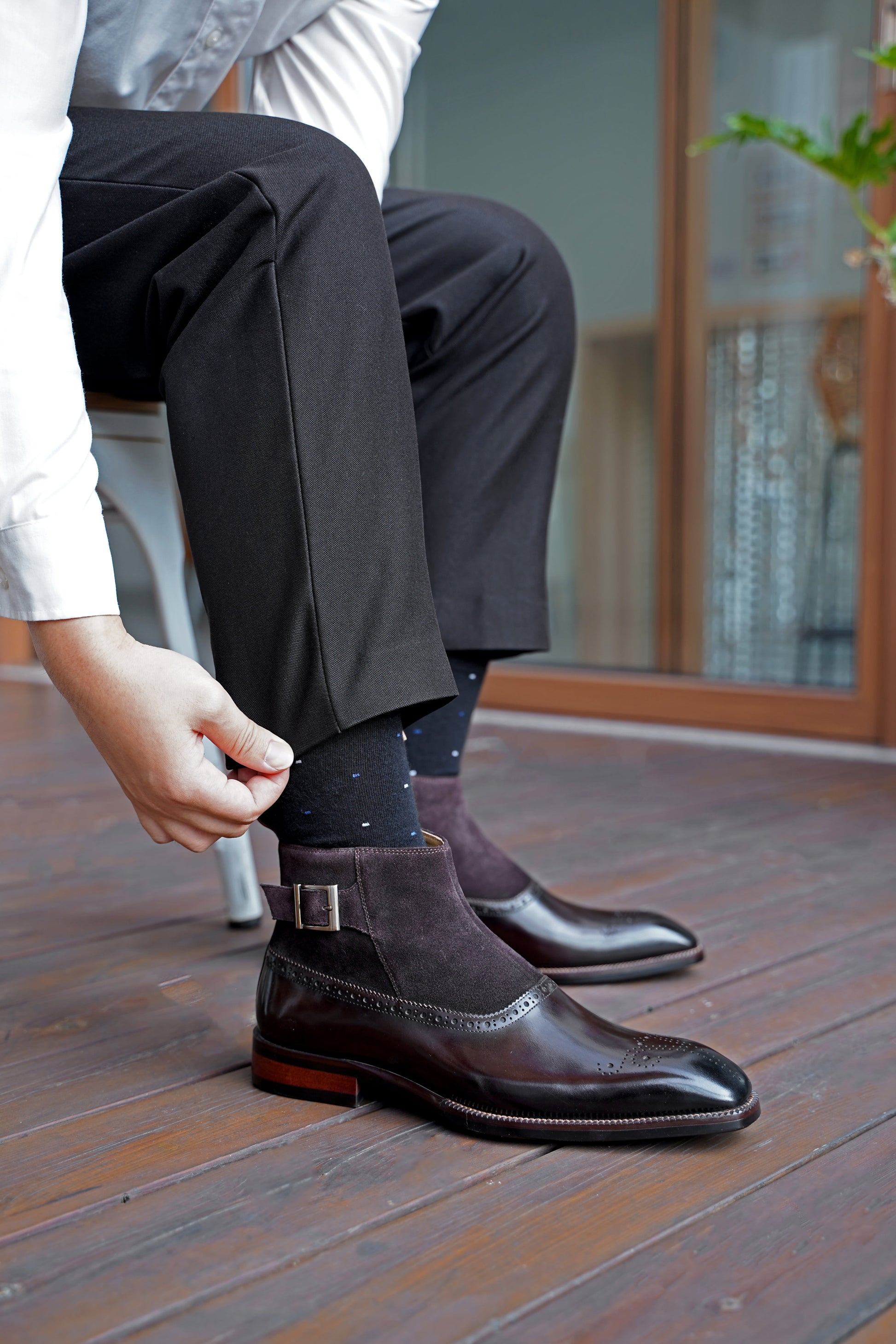 Midnight Sable Brogue Chelsea Boots with dark espresso leather toe and midnight suede upper, featuring brogue detailing.