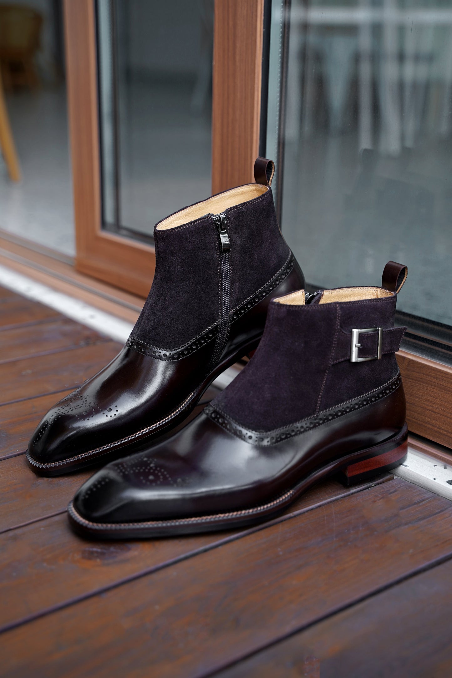 Midnight Sable Brogue Chelsea Boots with dark espresso leather toe and midnight suede upper, featuring brogue detailing.