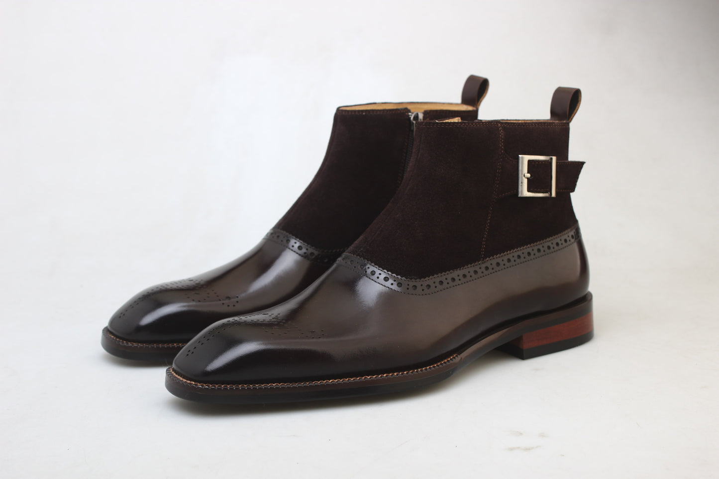 Midnight Sable Brogue Chelsea Boots with dark espresso leather toe and midnight suede upper, featuring brogue detailing.