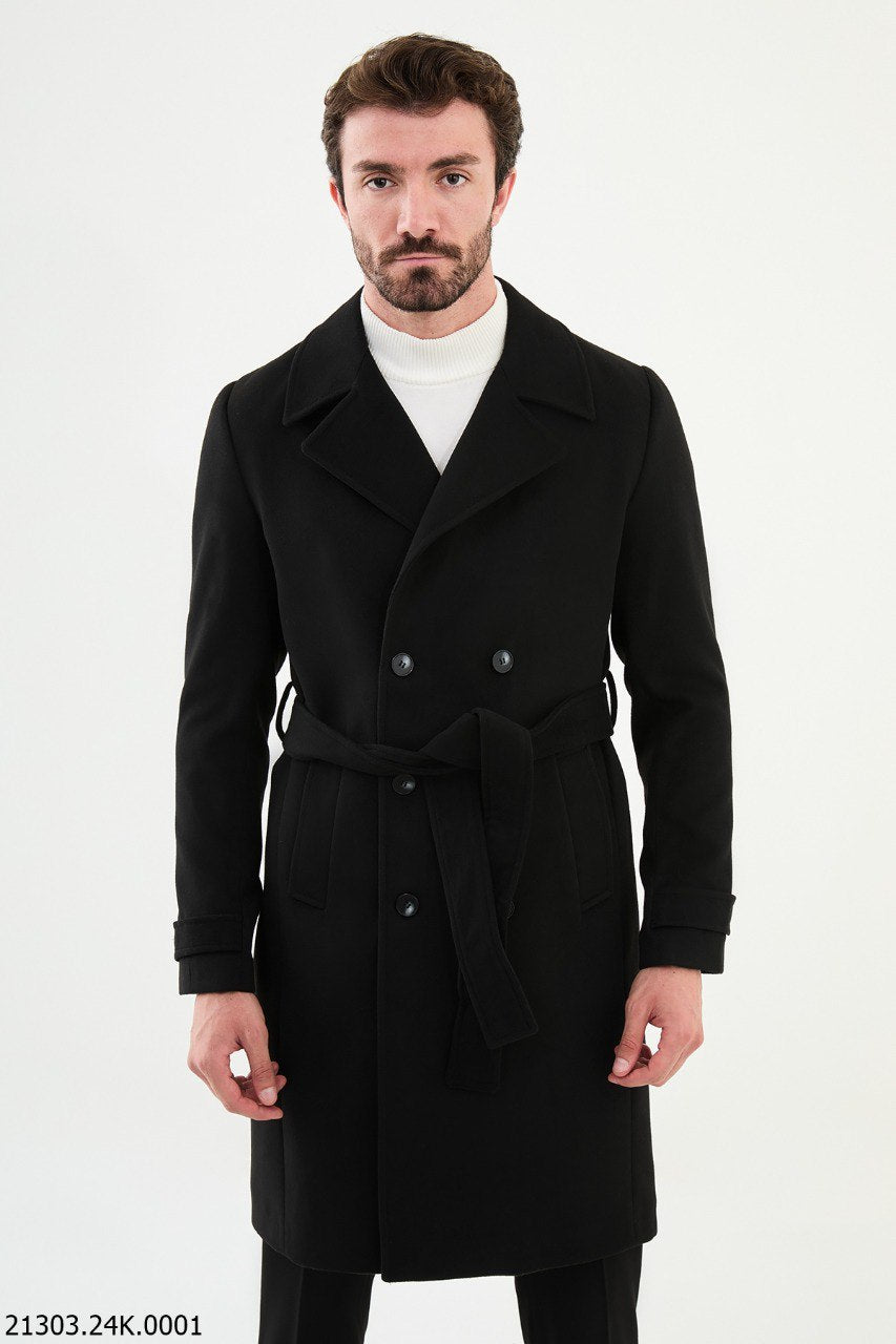 Timeless Men's Black Overcoat with Modern Belted Design.