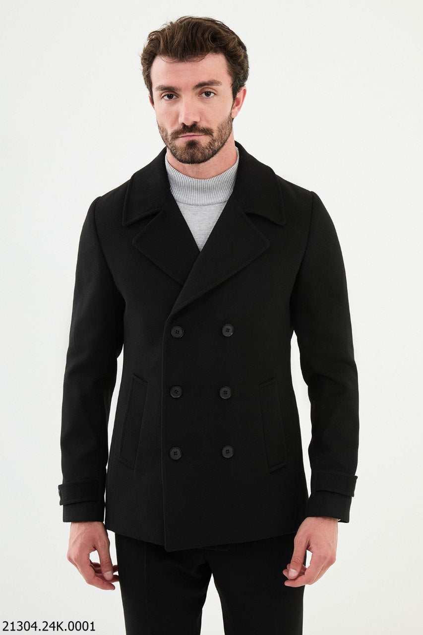 Urban Elegance Black Asymmetrical Button Peacoat.