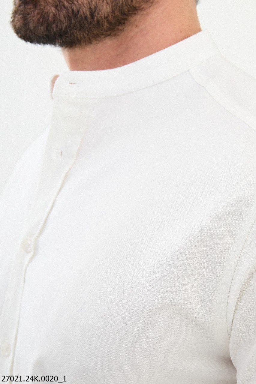 White-Ecru Mandarin Collar Shirt.