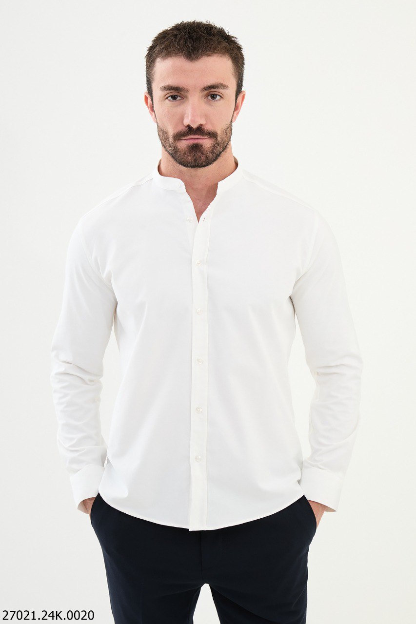 White-Ecru Mandarin Collar Shirt.