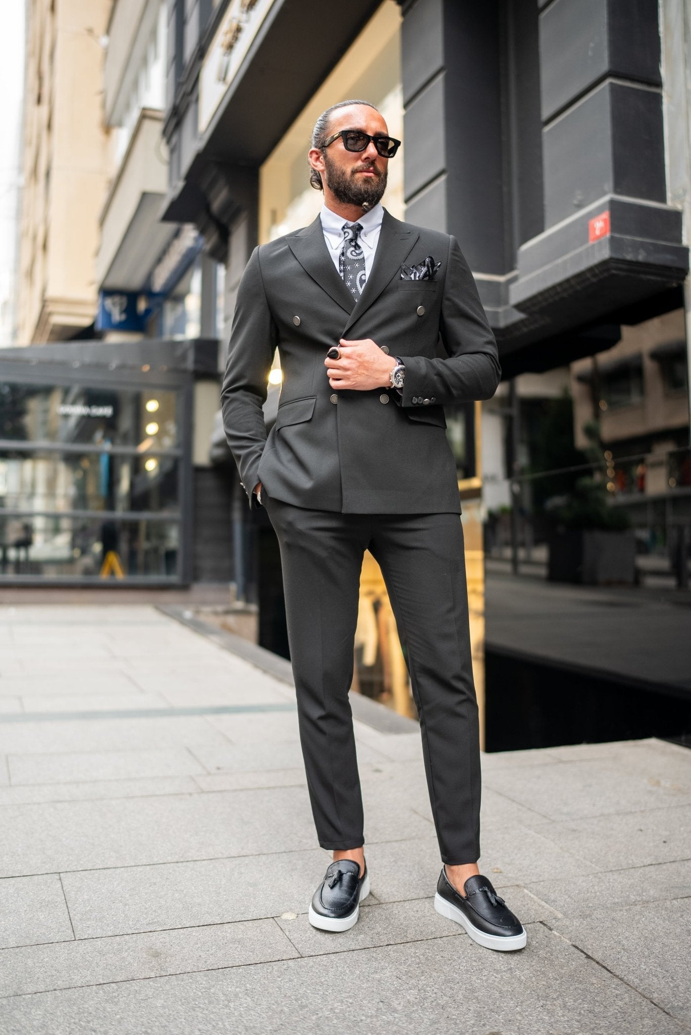 A Black Suit worn by a model