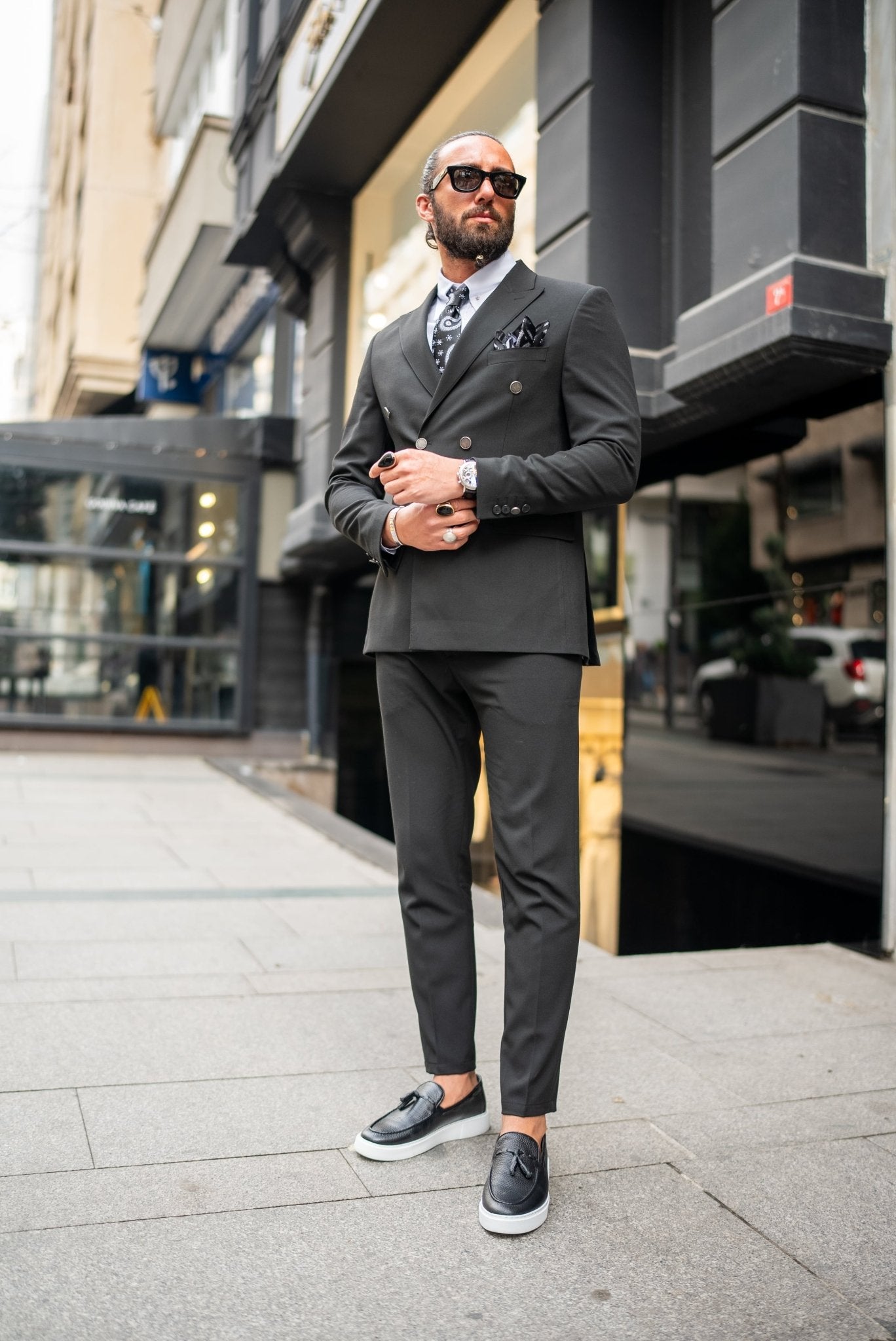 A Black Suit worn by a model