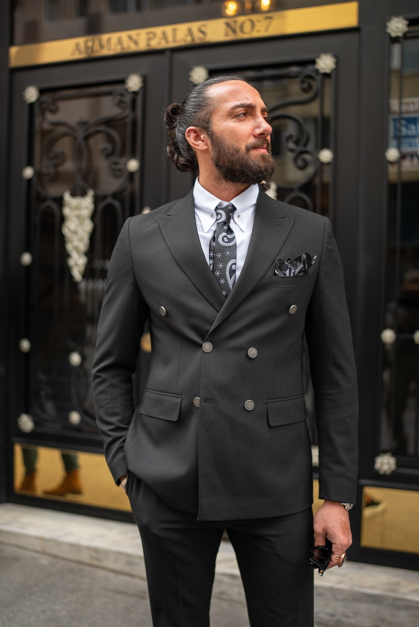 A Black Suit worn by a model