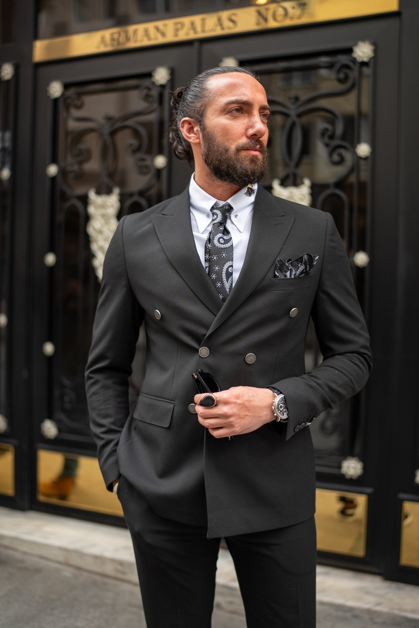 A Black Suit worn by a model