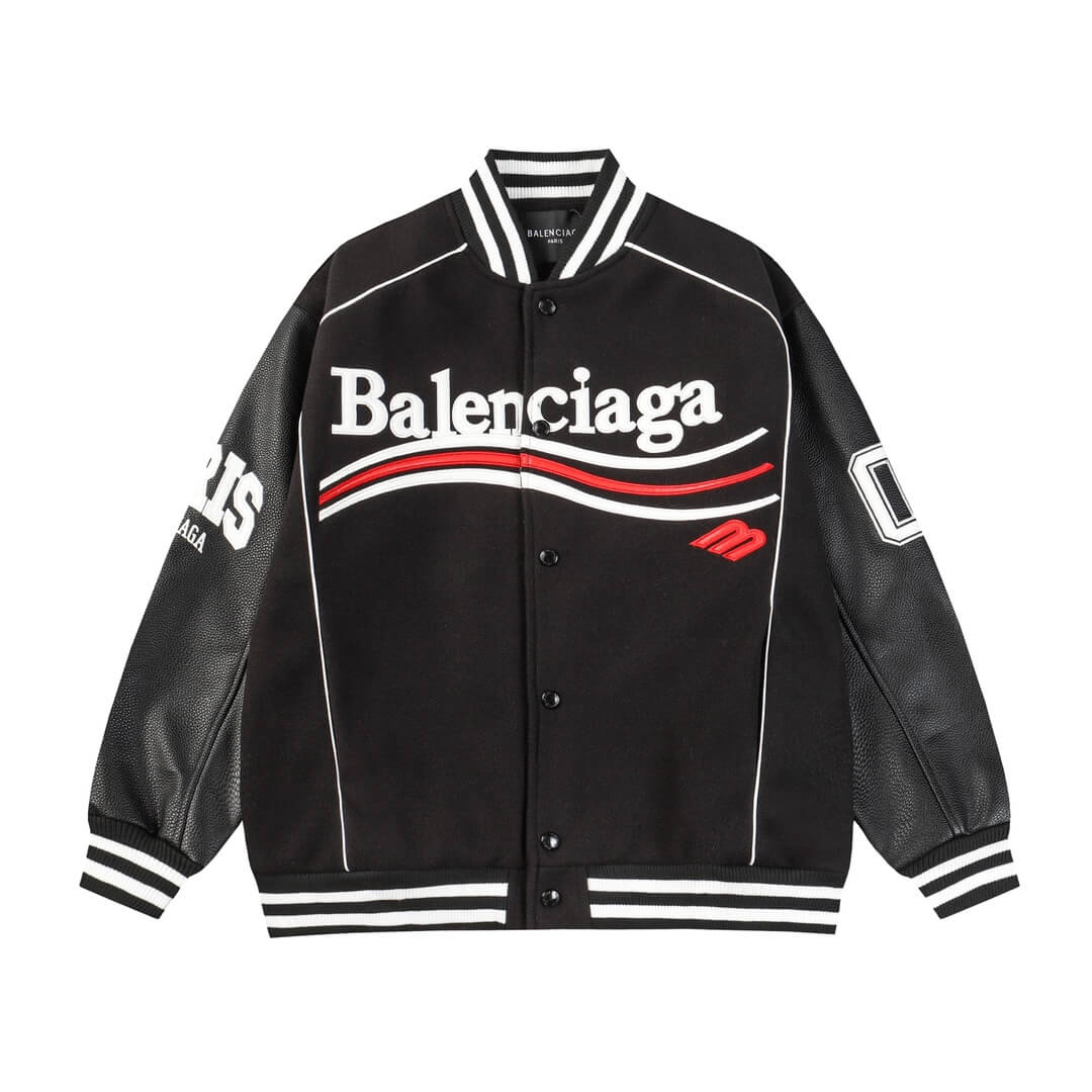 Balenciaga Black Leather Varsity Jacket