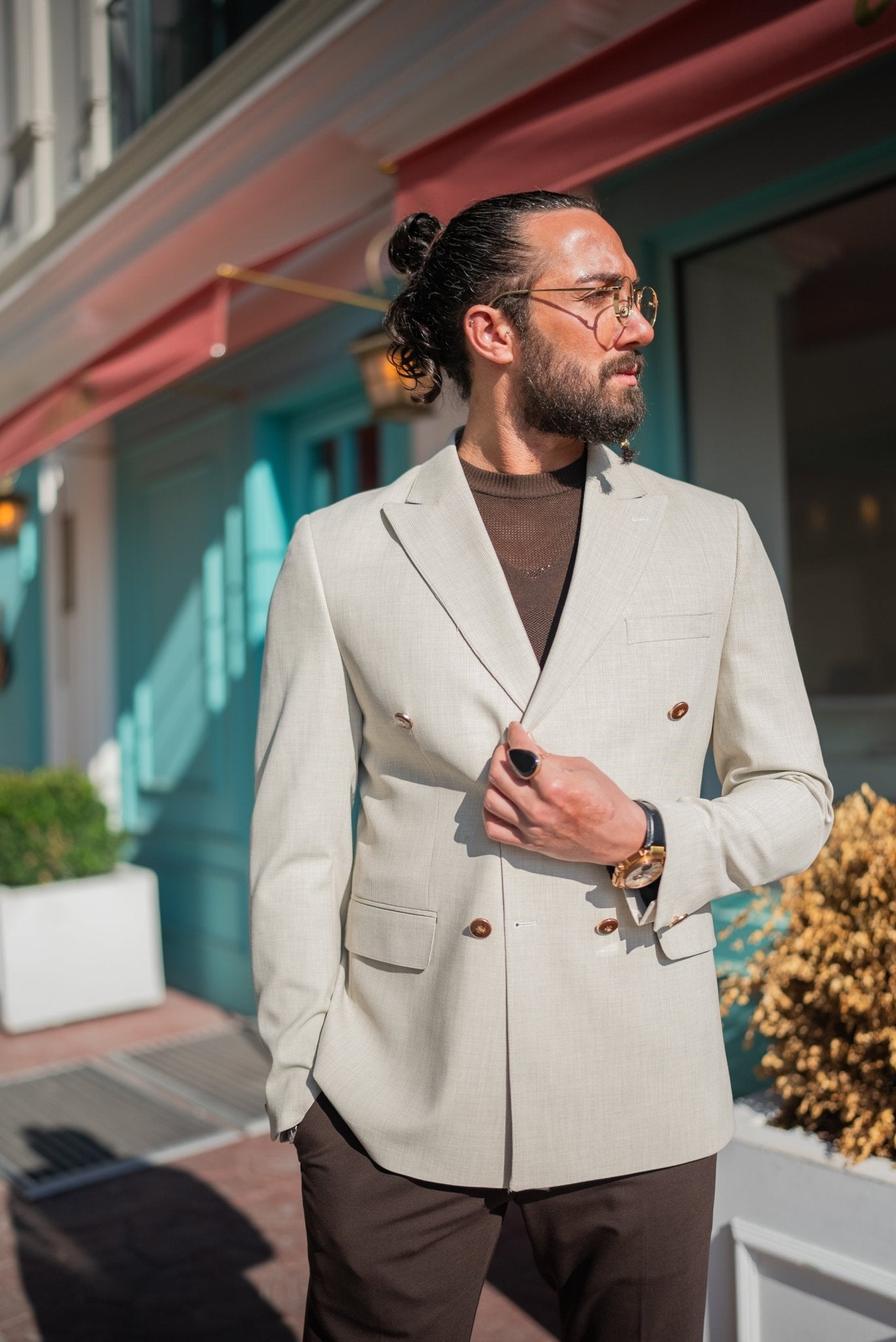 Beige Elegance Double-Breasted Blazer worn by a model