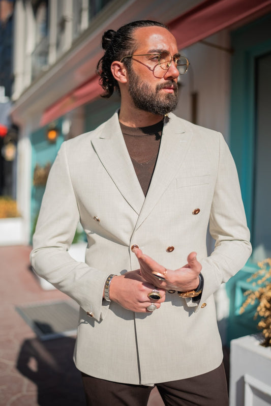 Beige Elegance Double-Breasted Blazer worn by a model