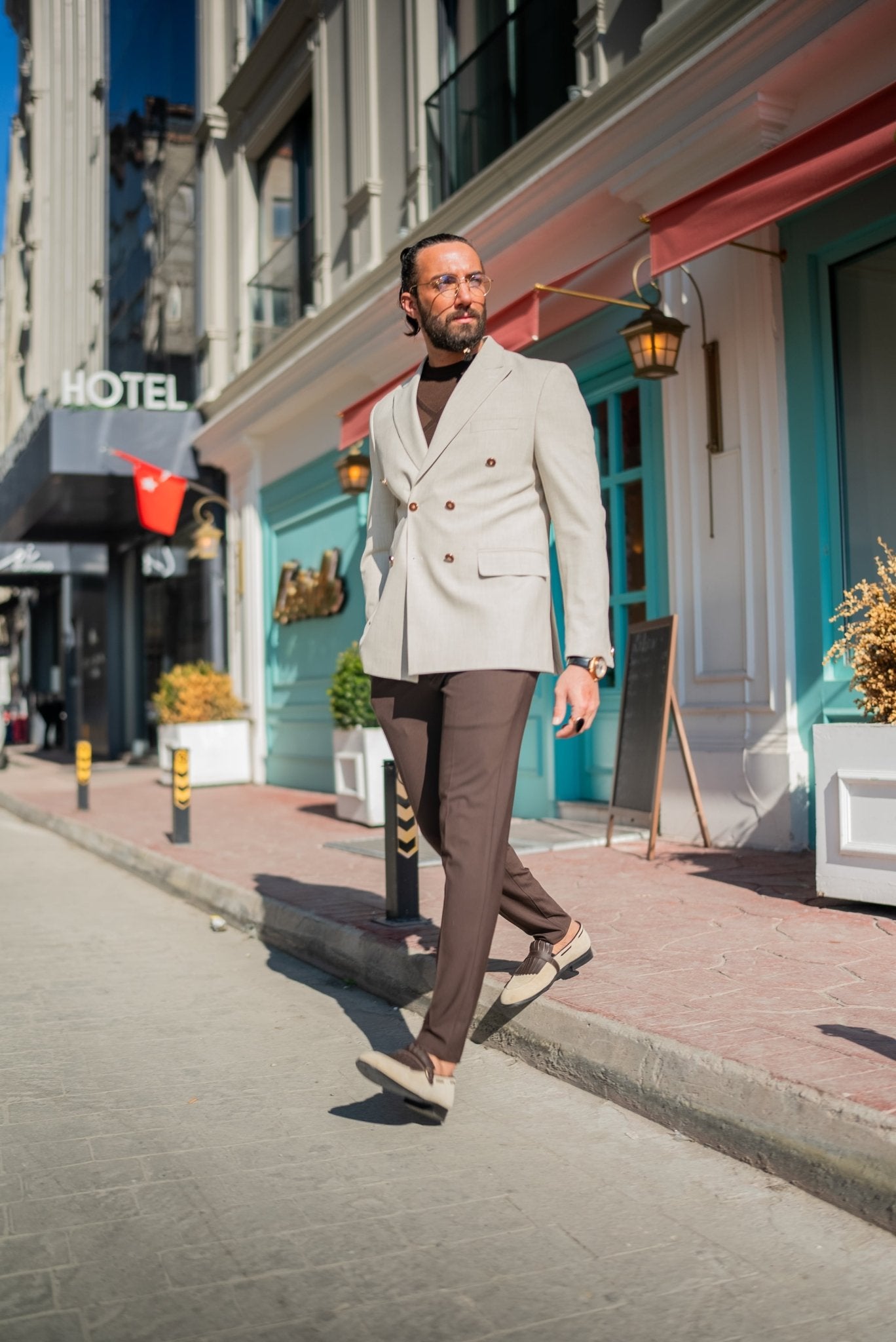 Beige Elegance Double-Breasted Blazer worn by a model