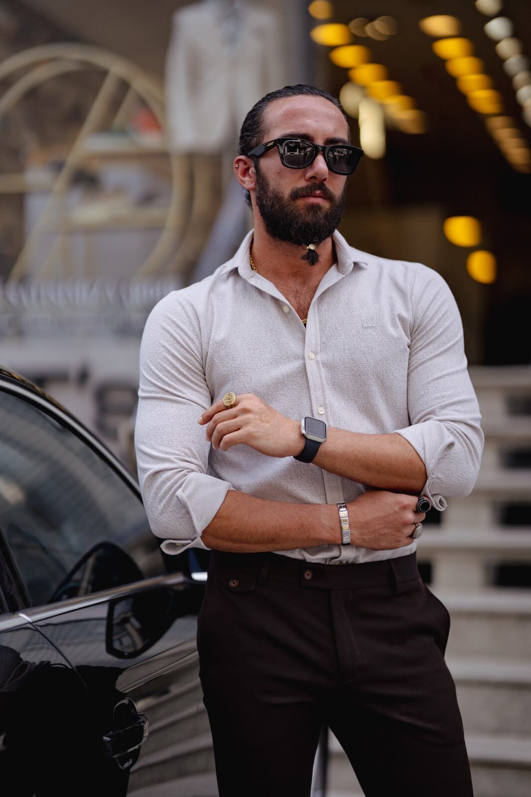 A Beige Long Sleeve Shirt on display.