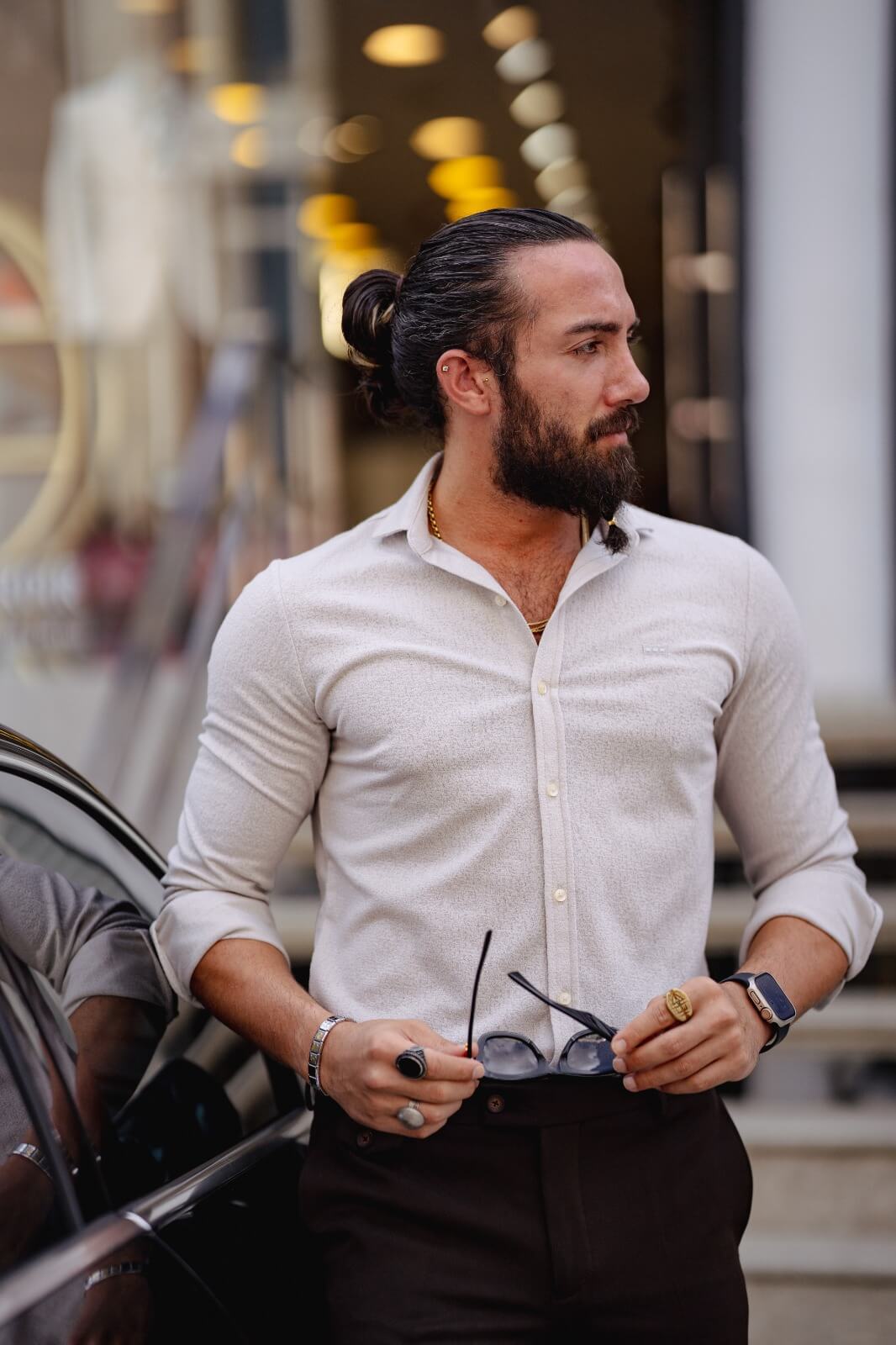 A Beige Long Sleeve Shirt on display.