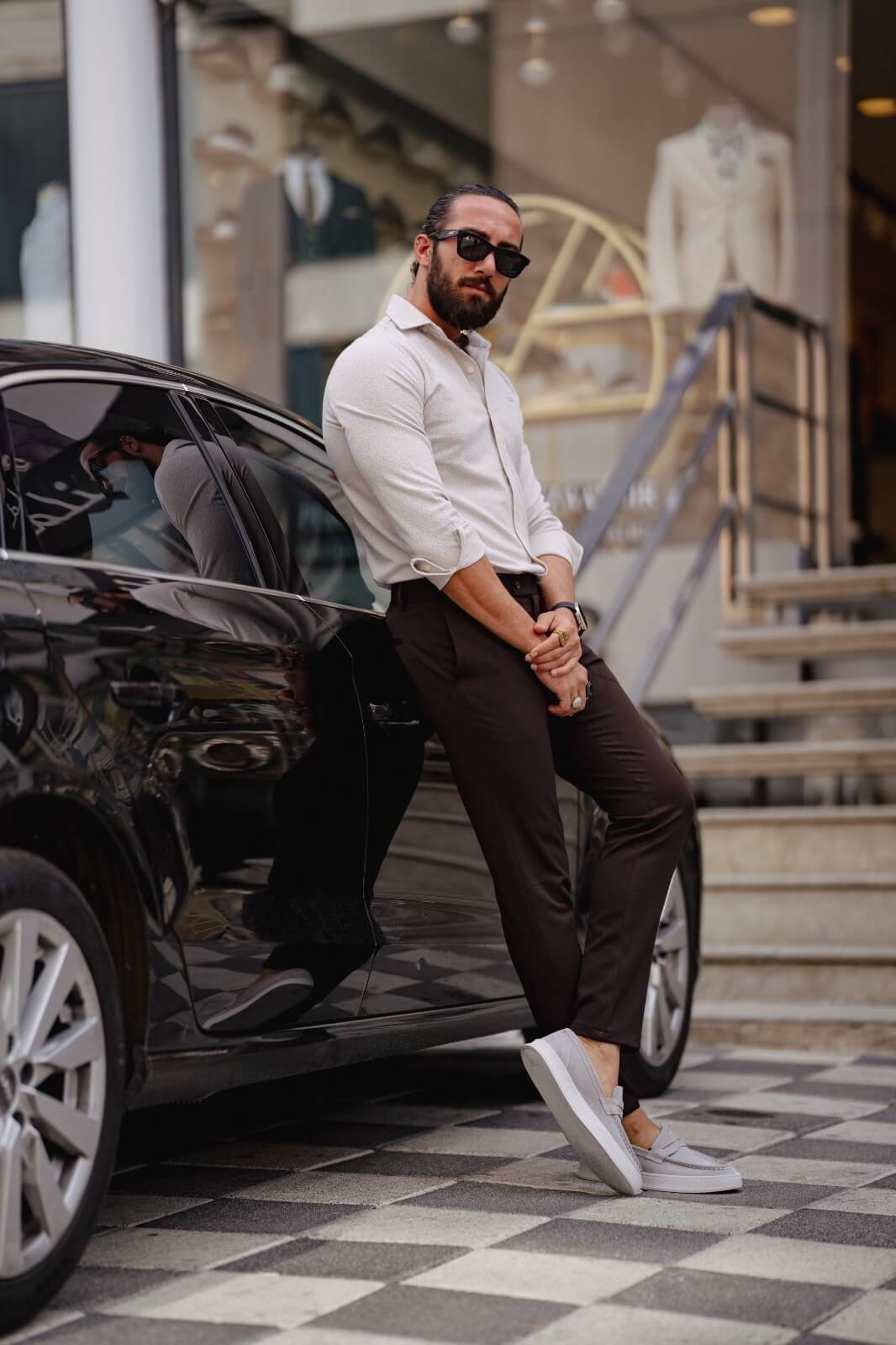 A Beige Long Sleeve Shirt on display.