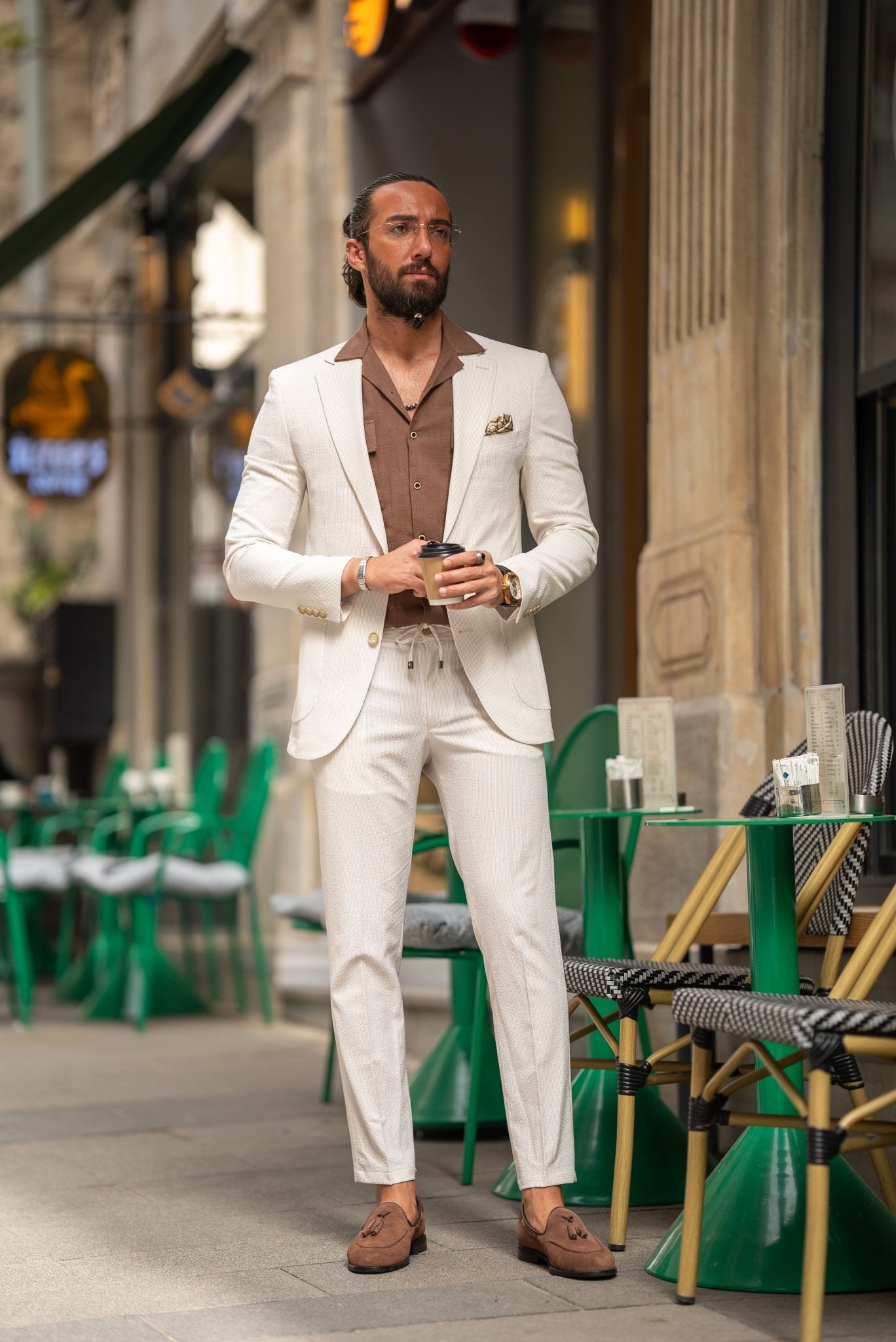 Beige Seersucker Casual Suit