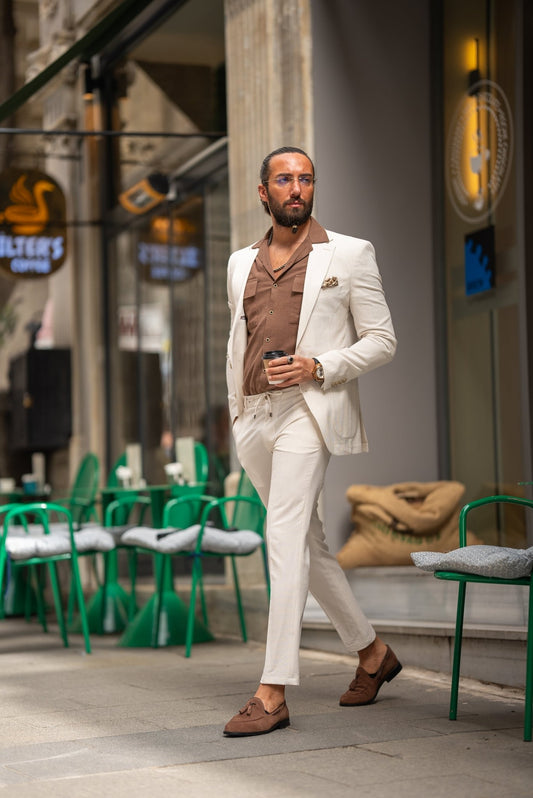 Beige Seersucker Casual Suit