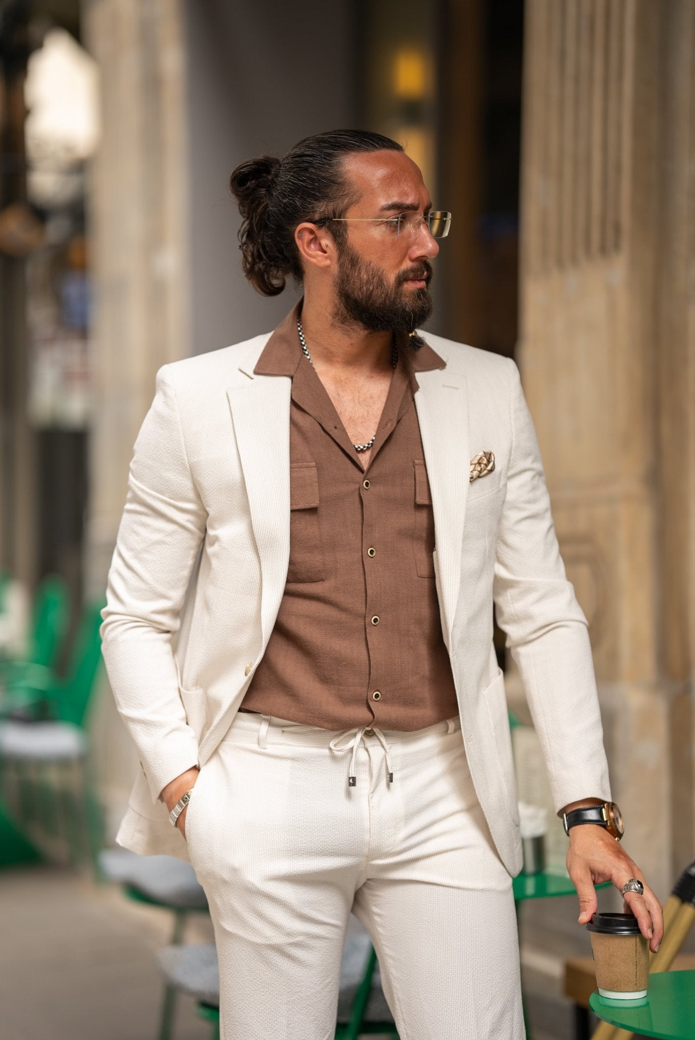 Beige Seersucker Casual Suit