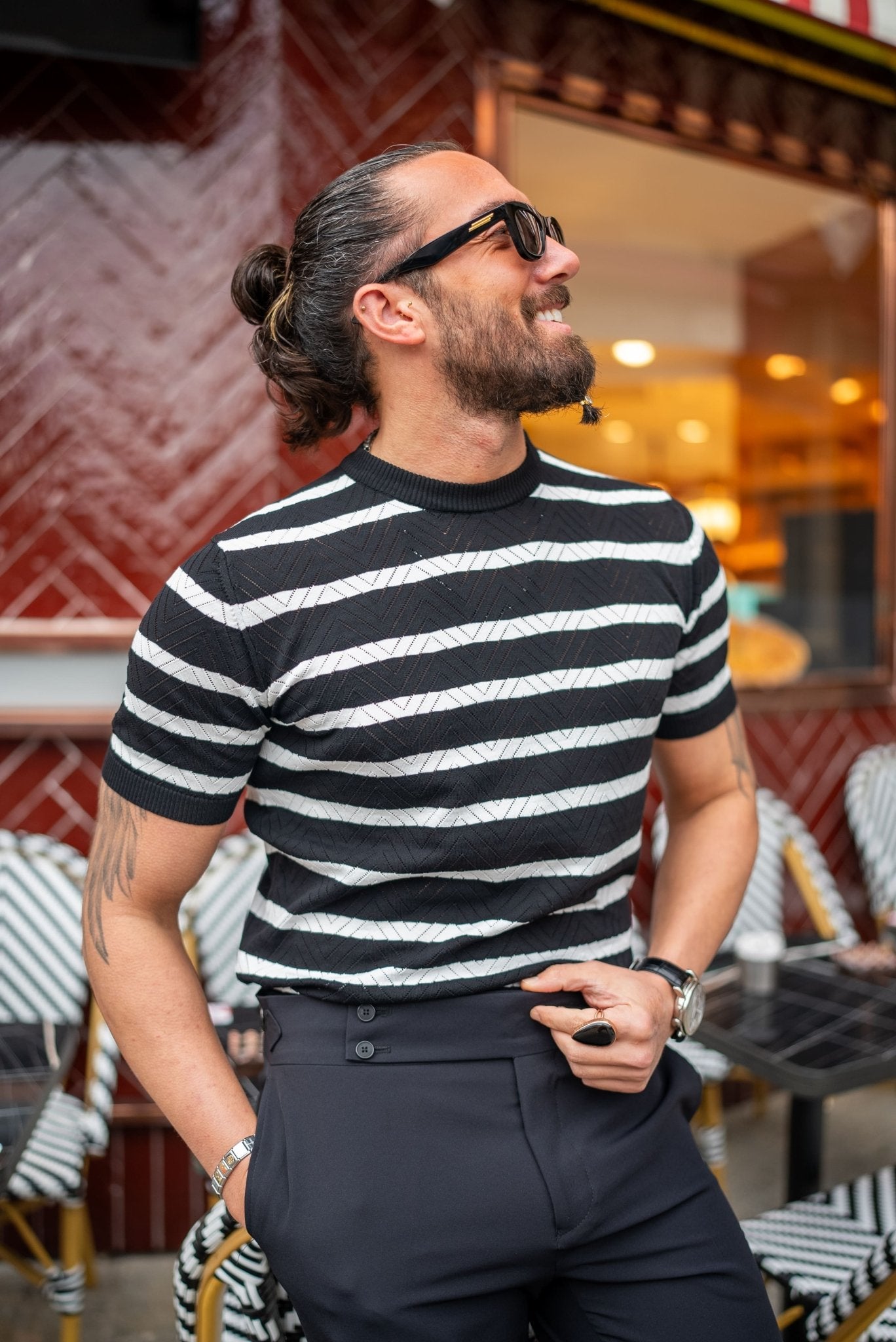 A Black Striped Havasu Patterned Crewneck on display 