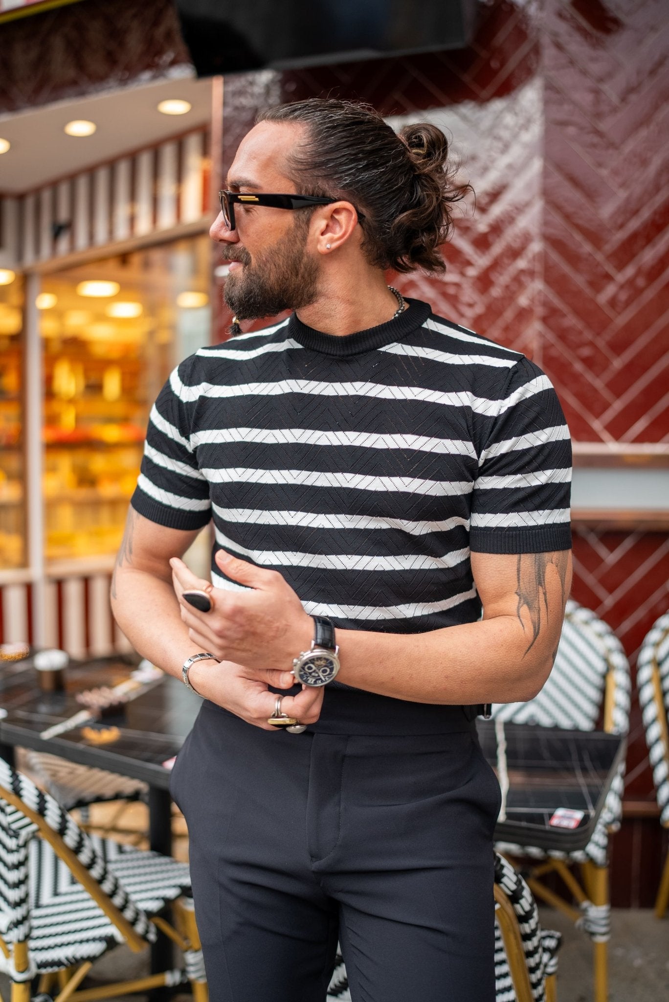 A Black Striped Havasu Patterned Crewneck on display 