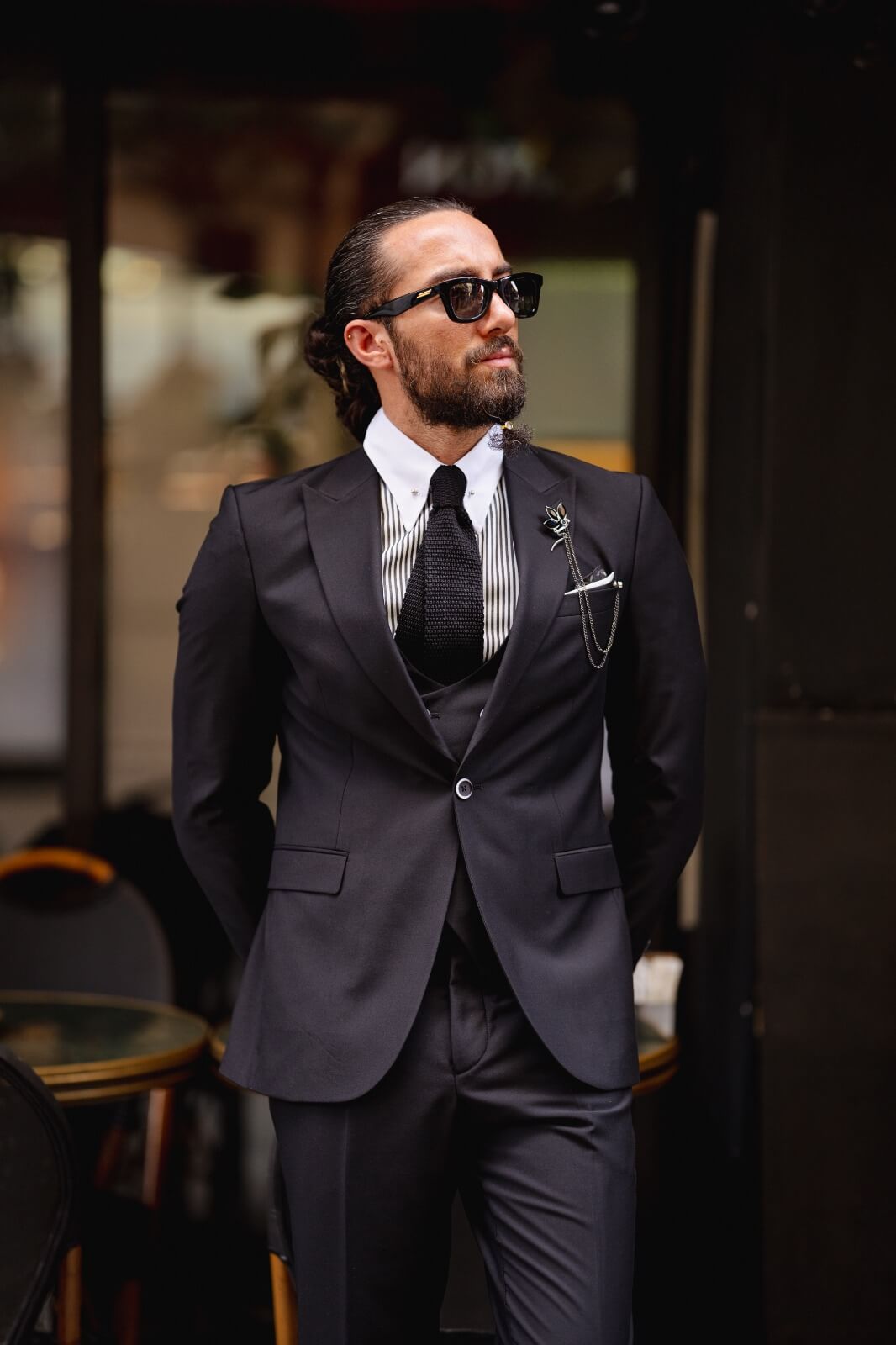 A Black Mono Collar Suit on display.