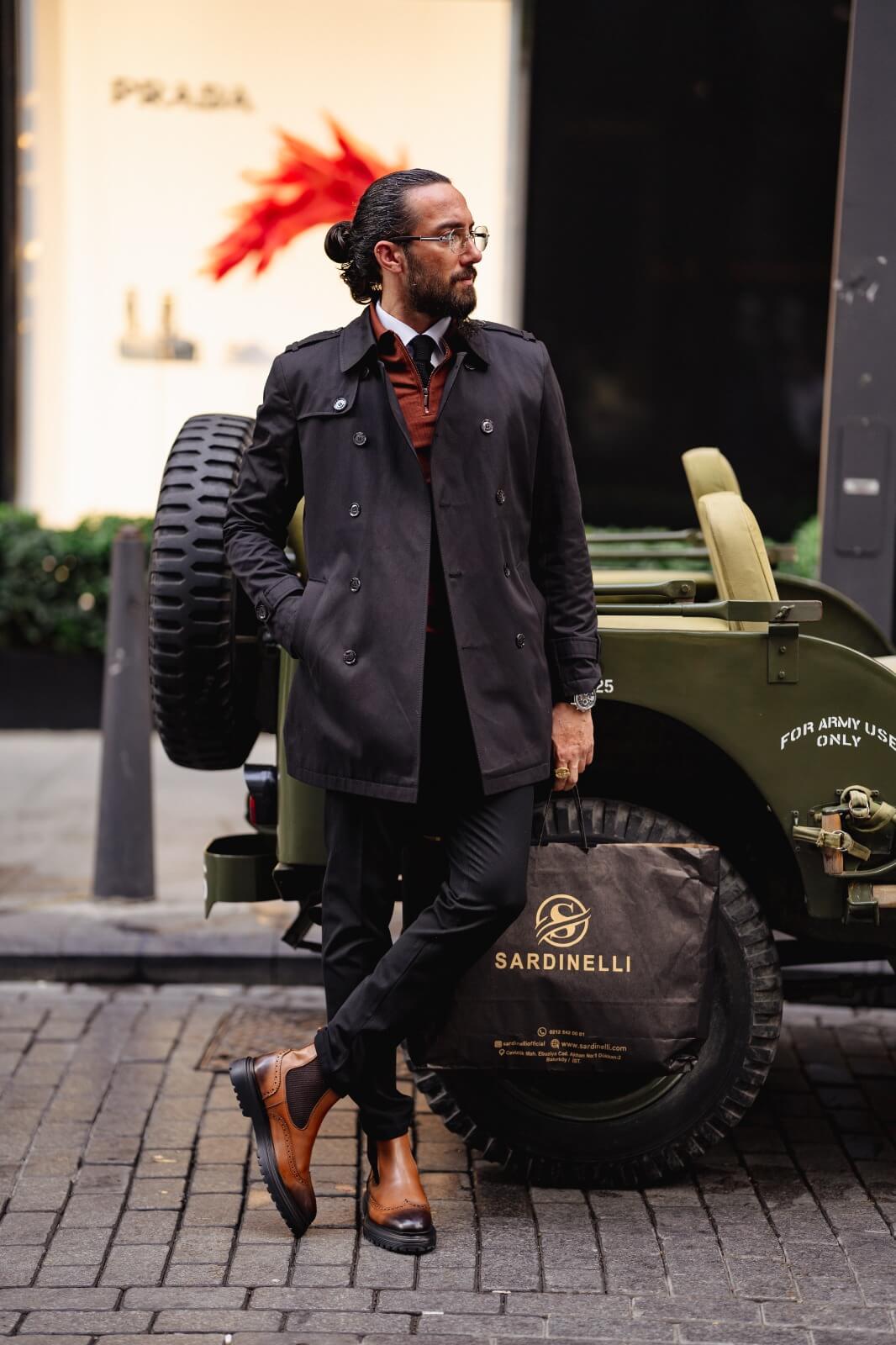 A Classic Black Trench Coat on display.