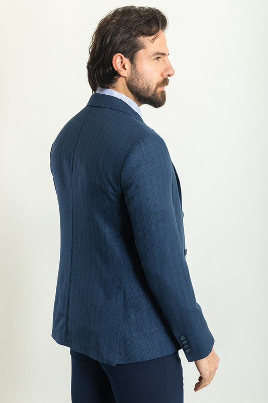 HolloMen navy blue patterned blazer, exuding timeless elegance and modern style.