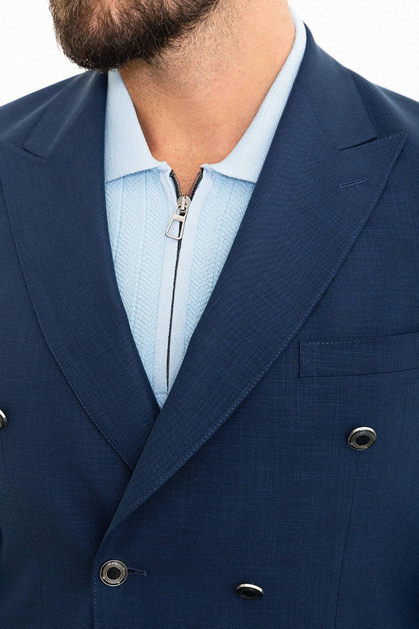 Navy blue double-breasted blazer from HolloMen, exuding timeless elegance and modern sophistication.