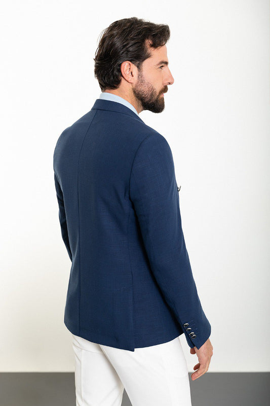 Navy blue double-breasted blazer from HolloMen, exuding timeless elegance and modern sophistication.