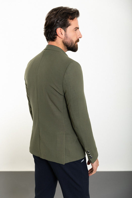 Elegant khaki double breasted blazer from HolloMen, showcasing a perfect blend of modern design and classic tailoring.