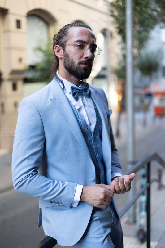 Celestial Blue Windowpane Tuxedo Suit for men with a soft blue windowpane check design.