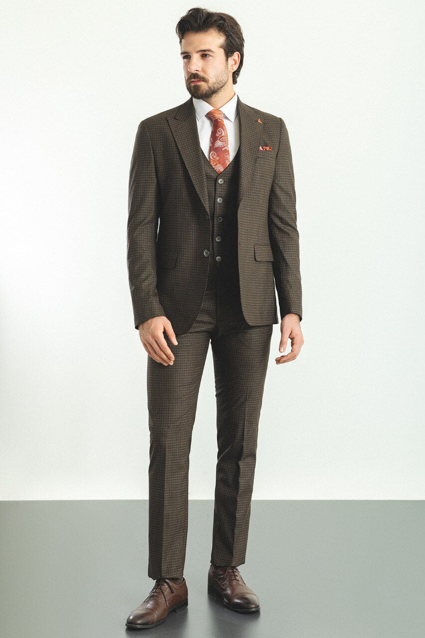 A Brown Checkered 3-Piece Suit on Display.