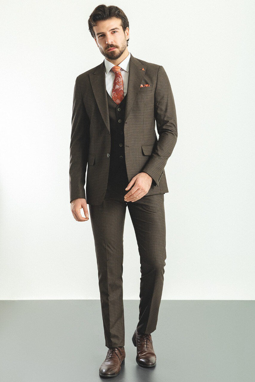 A Brown Checkered 3-Piece Suit on Display.