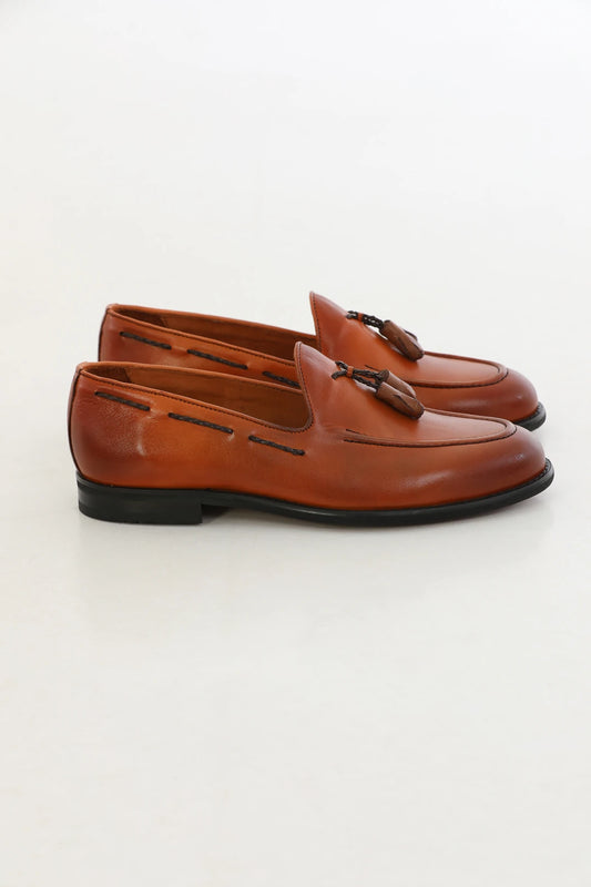 Handcrafted genuine Brown leather tassel loafers with calf leather lining and Neolithic sole.